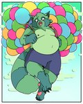 4_toes 5_fingers anthro attached_to_balloon balloon balloon_support bottomwear claws clothing feet fingers fist fur green_body green_fur holding_balloon holding_object inflatable inflatable_support looking_at_viewer male navel nipples open_mouth overweight overweight_anthro overweight_male pawpads shorts solo teeth toe_claws toes tongue hairoelcroto fred_(fredrick_brennan) mammal procyonid raccoon digital_media_(artwork) hi_res