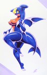 anthro blue_body blue_skin blush blush_lines breasts butt claws eyelashes featureless_breasts featureless_crotch female looking_at_viewer non-mammal_breasts open_mouth orange_body orange_skin solo spikes spikes_(anatomy) tail yellow_eyes 025aki mythology nintendo pokemon dragon garchomp generation_4_pokemon mythological_creature mythological_scalie pokemon_(species) reptile scalie 2023 absurd_res dated hi_res signature