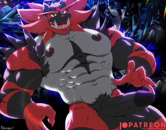 anthro balls big_fangs big_penis black_balls black_body black_fur black_penis black_stripes cave crystal erection fangs fur genitals green_eyes grey_body grey_fur humanoid_genitalia humanoid_penis male muscular muscular_anthro muscular_male nipples penis pubes red_body red_fur solo stripes teeth vein yellow_sclera nekogaki0324 nintendo pokemon generation_7_pokemon incineroar pokemon_(species) hi_res