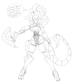 2_toes anthro armor big_breasts biped breasts clothing curvy_figure dialogue digitigrade feet female hair holding_object holding_staff hourglass_figure huge_thighs leotard long_hair mask non-mammal_breasts segmented_tail simple_background small_waist solo staff stinger stinger_tail tail text thick_thighs thought_bubble tight_clothing toes unconvincing_armor wasp_waist wearing_mask wide_hips proxicute migu_(proxicute) arachnid arthropod scorpion 2025 english_text monochrome sketch