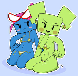4_fingers bikini black_eyes blue_body blue_breasts blush breasts clothing duo eyeshadow eyewear eyewear_on_head female female_humanoid fingers flesh_fang glasses glasses_on_head gold_bikini green_body green_breasts green_eyeshadow green_hair hair hand_on_hip hand_on_own_hip kneeling looking_at_viewer makeup navel not_furry open_mouth open_smile outline pigtails pink_blush pink_hair side-tie_bikini small_breasts smile square_head string_bikini swimwear tongue two-piece_swimsuit untied_bikini white_outline yellow_blush yellow_tongue squogs golden_week mario_bros nintendo paper_mario mimi_(paper_mario) nastasia humanoid 2026 digital_media_(artwork) hi_res