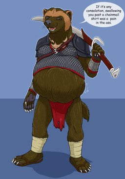 anthro anthro_pred armor belly big_belly blue_background bottomwear brown_body brown_eyes brown_fur chainmail clothed clothing dialogue female female_anthro female_pred footwear fully_inside fur loincloth melee_weapon sandals shoes simple_background solo speech_bubble sword tail text vore weapon whiskers strega gulonine mammal mustelid musteline wolverine english_text hi_res