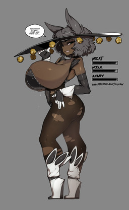 angry big_breasts big_butt body_slider breasts bunny_costume butt clothing costume dark_body dark_skin dialogue female frowning_at_viewer green_eyes grey_hair hair hat headgear headwear huge_breasts looking_at_viewer short_hair simple_background solo speech_bubble standing talking_to_viewer text thick_thighs torn_clothing slugbox blackriver animal_humanoid cat_humanoid felid felid_humanoid feline feline_humanoid humanoid mammal mammal_humanoid 2025 english_text hi_res