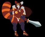 anthro armor barbarian big_breasts biped breasts bulge clothed clothing footwear gynomorph high_heels intersex melee_weapon navel shoes solo sword weapon dclzexon maryll ailurid mammal red_panda