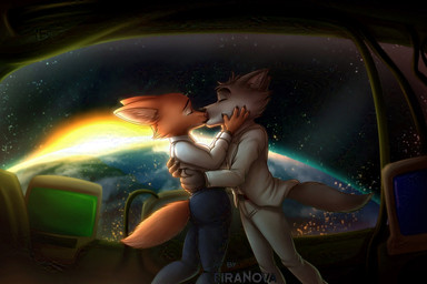 anthro anthro_on_anthro black_nose bottomwear breasts brown_body brown_fur butt clothed clothed_anthro clothed_female clothed_male clothing duo earth female fur interspecies kiss_on_lips kissing male male/female orange_body orange_fur pants planet romantic romantic_ambiance romantic_couple space suit tail teira-nova teiranova dreamworks the_bad_guys diane_foxington mr._wolf_(the_bad_guys) canid canine canis fox mammal wolf