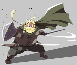 anthro beard belly big_belly bottomwear cape clothing facial_hair kemono male mature_male melee_weapon mustache overweight overweight_male pants shield simple_background solo sword weapon take_tsugu_roh canid canine mammal 2023 hi_res