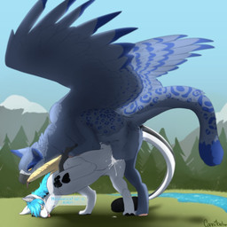 all_fours backsack balls beak black_body black_pawpads black_skin black_stripes blue_body blue_feathers blue_fur blue_spots bodily_fluids claws creek cum cum_inside cum_on_balls cum_on_ground cum_splatter dialogue doggystyle duo feathered_wings feathers female female_penetrated feral feral_on_feral from_behind_position fur genital_fluids genitals interspecies looking_back looking_down male male/female male_penetrating male_penetrating_female open_mouth orgasm outside pawpads penetration plant pupils rear_view sex slit_pupils spots spread_wings step_pose step_position stripes tail text tongue tongue_out tree water white_body white_fur wings yellow_eyes cannibalistic_tendencies mythology avian dragon furred_dragon furred_scalie gryphon mythological_avian mythological_creature mythological_scalie scalie 1:1 2016 digital_media_(artwork) english_text hi_res