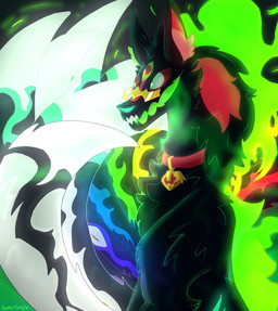 3_eyes black_body black_fur collar collar_tag colored_fire corruption creepy eyewear feral fire fur glasses green_fire hair male multi_eye multi_tail multicolored_tail open_mouth possession quadruped red_eyes red_hair solo tail g57211717 asian_mythology east_asian_mythology mystery_skulls mythology murder_mystery_(mystery_skulls) mystery_(mystery_skulls) canid canine canis fox fox_spirit mammal digital_media_(artwork) hi_res medibang_paint_(artwork)