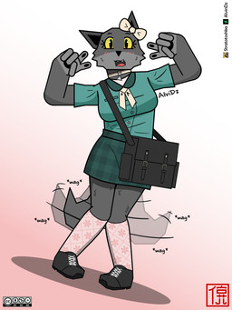 anthro bag blouse blush bow_ribbon breasts clothed clothing double_v_sign female footwear fully_clothed gesture gradient_background hand_gesture knee_highs knee_socks legwear looking_at_viewer pattern_clothing pattern_legwear pattern_shirt pattern_socks pattern_topwear plaid plaid_clothing plaid_shirt plaid_topwear satchel school_uniform shirt simple_background smile socks solo tail tail_motion tailwag text topwear turquoise_shirt uniform v_sign alvidz cc-by-nc-nd creative_commons canid canine mammal 3:4 artist_name digital_drawing_(artwork) digital_media_(artwork) english_text hi_res