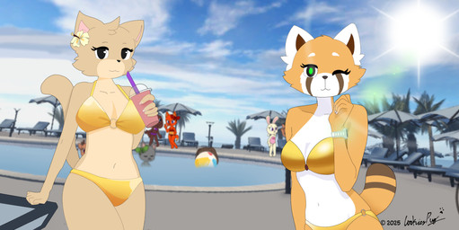 anthro ball beach_ball beverage bikini biped breast_size_difference breasts clothed clothing duo female female/female flower_on_ear gold_bikini holding_beverage holding_object inflatable light looking_at_viewer milkshake outside poolside relaxing resort sky summer sun sunlight sunny sunny_day swimming_pool swimwear text two-piece_swimsuit whiskers cookiespug pazymomo golden_week ailurid domestic_cat felid feline felis mammal red_panda 2025 artist_name colored digital_drawing_(artwork) digital_media_(artwork) hi_res signature
