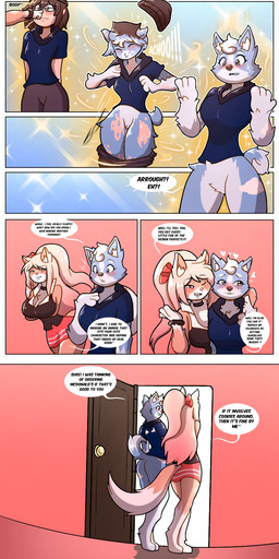 anthro big_breasts blonde_hair blue_body blue_fur blush breasts brown_eyes brown_hair clothed clothing dialogue duo female fur fur_growth growth hair happy human_to_anthro long_hair medium_breasts nervous seductive species_transformation speech_bubble surprised tail tail_growth tan_body tan_fur teasing text transformation white_body white_fur judgement6x canid canine canis domestic_dog human mammal absurd_res colored comic english_text hi_res long_image tall_image