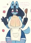 akibun anthro apron biped black_body blue_body blue_tail blush breasts cleavage clothed clothing dialogue female front_view fur generation_4_pokemon holding_ladle lucario mature_anthro mature_female nintendo pokemon pokemon_(species) red_eyes simple_background smile solo tail tan_body tan_fur white_background