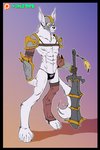2:3 abs anthro armor black_border border canid canine canis clothing fur hi_res jackal male mammal mask solo thong unconvincing_armor underwear warrior weapon white_body white_fur xamrock yellow_eyes
