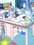 abdl ageplay ambiguous_gender anthro blue_eyes blue_hair blue_nose blue_pawpads carpet changing_table claws clean_diaper detailed_background diaper diaper_change duo eyewear feathered_wings feathers featureless_chest featureless_crotch folded_diaper fur glasses hair holding_diaper holding_object holding_plushie hooves infantilism lying male male/ambiguous nursery on_back pawpads paws plushie roleplay toe_claws touching_diaper toy wearing_glasses white_body white_fur wings crepepup angel animate_inanimate canid canine canis domestic_dog giraffe giraffid hybrid living_plushie mammal hi_res