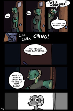 anthro clothed clothing dialogue female horn solo speech_bubble tail text brradett lernie_(brradett) scalie absurd_res colored comic digital_media_(artwork) english_text hi_res