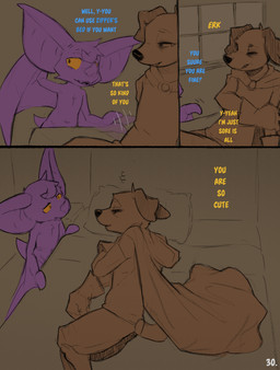 ambiguous_gender anthro bed big_ears blue_text cloak clothed clothing comic_panel dialogue duo eyes_closed furniture lying lying_on_bed on_bed on_side purple_body text wings yellow_eyes yellow_text conditional_dnp dacad tyler_(dacad) zipper_(dacad) bat canid canine mammal comic hi_res restricted_palette