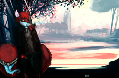 5_fingers anthro biped black_bottomwear black_clothing black_topwear blue_nose blue_tongue bodily_fluids bottomwear clothed clothing detailed_background fingers fully_clothed fur hair hand_in_pocket leaning leaning_backward living_tail male multicolored_body multicolored_fur outside plant pockets red_body red_fur red_hair red_tail saliva scenery smoking snout solo tail tail_mouth teeth tongue topwear tree two_tone_body two_tone_fur unusual_anatomy unusual_tail white_body white_fur year yellow_eyes dirtyscoundrel desoto_(jellywerewolf) canid canine canis hybrid mammal monster_tail wolf 2017 digital_media_(artwork) digital_painting_(artwork) hi_res painting_(artwork) signature