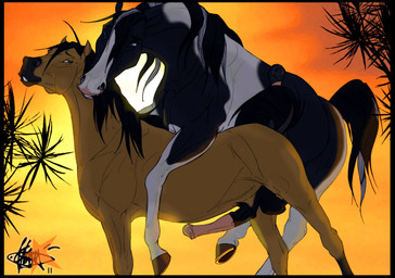 all_fours animal_genitalia animal_penis balls black_hair blue_eyes brown_eyes doggystyle duo equine_genitalia equine_penis erection feet feral feral_on_feral from_behind_position genitals hair hooves hot_dogging looking_back male male/male nude outside penis quadruped sex soles sun sunset tail underhoof klaus_doberman nighthoof svadil_(character) equid equine horse mammal 2011 signature