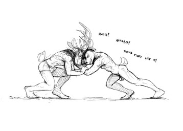 age_difference anthro antlers balls barefoot biped boxer_briefs boxer_briefs_only casual_nudity clothed clothed/nude clothed_anthro clothed_male clothing dialogue duo feet fight flaccid genitals grin hair horn humanoid_genitalia humanoid_penis locking_antlers locking_horns long_hair male male/male male_anthro mismatched_genitalia mismatched_humanoid_penis mismatched_penis nude nude_anthro nude_male penis plantigrade scut_tail short_hair short_tail side_view smile straining tail text topless underwear underwear_only hladilnik deer_admiral_(hladilnik) marylin_(hladilnik) deer mammal 2026 black_and_white cross-hatching english_text handwritten_text hatching_(art) hi_res monochrome shaded simple_shading sketch