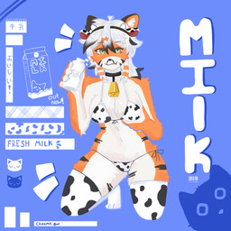 animal_print animal_print_bikini anthro bikini black_nose blue_background blush bottle breasts clothed clothing container cow_print cow_print_bikini cowbell cute_fangs fake_ears fangs female fur green_eyes hair kneeling legwear looking_at_viewer milk milk_bottle milk_container multicolored_body multicolored_fur multicolored_hair orange_body orange_fur pattern_bikini pattern_clothing pattern_swimwear simple_background smile solo stripes swimwear tail teeth text thigh_highs two-piece_swimsuit white_hair cheems_gin sushi_(cheems_gin) felid mammal pantherine tiger 1:1 english_text hi_res japanese_text