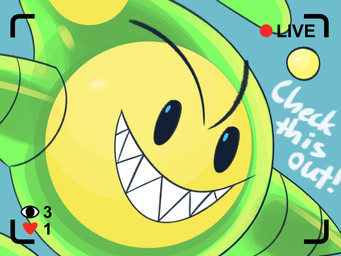 2_horns ambiguous_gender camera_view dialogue eyebrows heart_symbol horn livestream recording sharp_teeth simple_face solo teeth text toothy_grin gemsum spit_(gemsum) goo_creature humanoid imp 2023 4:3 male_(lore)