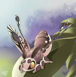 ambiguous_gender feral fur grey_body grey_fur leaf outside solo yellow_eyes rudragon arthropod insect lepidopteran moth hi_res