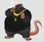 anthro barefoot belly big_belly black_body black_nose bling bottomwear cigar clothing digit_ring ear_piercing ear_ring eyewear feet finger_ring glasses gold_(metal) gold_glasses gold_jewelry gold_necklace gold_ring hat headgear headwear humanoid_hands jewelry male male_anthro moobs necklace obese obese_anthro obese_male overweight overweight_anthro overweight_male pants piercing ring_piercing shirt smoking solo topwear polartoons barnyard_(series) nickelodeon biggie_cheese mammal murid murine rat rodent 2023 absurd_res hi_res