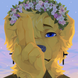 accessory ambiguous_gender anthro blonde_hair blue_eyes cheek_tuft christian_cross christian_symbol clothed clothing cross detailed_background ear_piercing ear_ring facial_tuft floppy_ears flower flower_in_hair front_view fur glistening glistening_eyes hair hair_accessory looking_at_viewer mouth_closed neck_tuft piercing plant religion religious_symbol ring_piercing short_hair sky solo topwear tuft unsigned yellow_body yellow_ears yellow_fur corzh77 christianity bird_dog canid canine canis domestic_dog golden_retriever hunting_dog mammal retriever 1:1 absurd_res bust_portrait detailed hi_res icon portrait