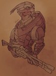 armor bodypaint face_paint facial_scar gun holding_gun holding_object holding_ranged_weapon holding_weapon looking_away male ranged_weapon rifle scar sniper_rifle solo standing visor weapon raiyk bioware electronic_arts mass_effect garrus_vakarian alien turian monochrome sepia