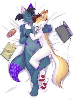 anthro bedding bedding_background chips_(food) computer crossed_legs cuddling dakimakura duo ear_piercing ear_ring electronics eyes_closed food laptop male male/male piercing ring_piercing smile takoyaki riotbackup kenwood_(kenwoodkabuki) scraps_(bigscraps) canid canine canis fennec_fox fox mammal true_fox wolf absurd_res dakimakura_design hi_res