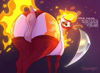 animal_genitalia animal_vulva anus bestiality big_butt blade blonde_mane butt clothing detailed_pussy detailed_vulva dialogue embers equine_anus equine_genitalia equine_vulva female feral fire first_person_view flaming_hair flaming_mane flaming_tail fukumen genitals glowing glowing_eyes hoofed_mammal horn huge_butt legwear looking_at_viewer looking_back magic mane mask melee_weapon orange_mane patterned_legwear polearm pov_viewer presenting presenting_vulva pseudo_hair pseudo_mane puffy_anus pupils rear_view red_clothing red_eyes red_legwear red_mask red_underwear scythe sickle slit_pupils solo speech_bubble spread_vulva spreading stockings sword tail teasing telekinesis text thick_thighs thigh_highs thong threatening underwear vulva weapon wide_hips wings yellow_eyes pegasusyay friendship_is_magic hasbro my_little_pony mythology daybreaker_(mlp) equid equine horse mammal mythological_creature mythological_equine pony winged_unicorn english_text hi_res