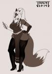 annoyed anthro big_breasts breasts cellphone clothing electronics female footwear high_heels legwear phone shoes solo thigh_highs jingx1 canid canine mammal hi_res