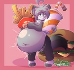 4_fingers >:3 anthro belly big_belly big_breasts breasts burger clothed clothing female fingers food fur grey_body grey_fur hair looking_at_viewer navel obese overweight overweight_female shirt simple_background slightly_chubby smile smug solo tail thick_thighs topwear white_body white_fur wide_hips ghostlyfoxy nala_(ghostlyfoxy) canid canine fox ghost mammal spirit digital_drawing_(artwork) digital_media_(artwork) hi_res signature