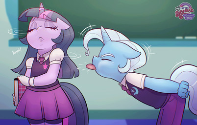 aged_down anthro blowing_raspberries bodily_fluids book bottomwear chalkboard classroom clothing duo eyes_closed female gloves handwear horn looking_away making_faces male rivalry school skirt taunting teasing tongue tongue_out uniform xconitox friendship_is_magic hasbro my_little_pony mythology trixie_(mlp) twilight_sparkle_(mlp) equid equine mammal mythological_creature mythological_equine unicorn hi_res trans_(lore) trans_woman_(lore)