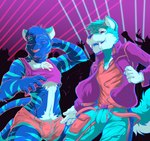 anthro bottomwear clothing dancing duo hotpants jacket laser male rave shorts silhouette topwear vaporwave pandottermon canid canine felid mammal pantherine tiger