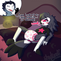 anthro bed bedroom blush blush_lines clean_diaper clothed clothing diaper duo embarrased_female embarrassed feathers female furniture lying male on_back on_bed pajama_shirt pajamas star_shirt wearing_diaper shadyadi hellaverse helluva_boss octavia_(helluva_boss) stolas_(helluva_boss) avian bird demon owl owl_demon 1:1 hi_res daughter_(lore) father_(lore) father_and_child_(lore) father_and_daughter_(lore) parent_(lore) parent_and_child_(lore) parent_and_daughter_(lore) young_(lore)