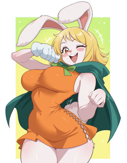 5_fingers anthro big_breasts blonde_hair blush breasts cape clothed clothing dress eyebrows eyelashes female fingers fully_clothed gloves hair handwear long_ears looking_at_viewer one_eye_closed open_mouth open_smile orange_clothing orange_dress short_hair smile solo teeth text thick_thighs tongue wide_hips vizaz one_piece carrot_(one_piece) lagomorph leporid mammal minkmen_(one_piece) rabbit 2026 artist_name hi_res signature