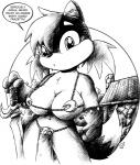 anthro armor breasts building clothed clothing female gloves hair handwear house melee_weapon short simple_background skimpy solo sword text unconvincing_armor weapon white_background drake_fenwick canid canine fox mammal english_text monochrome