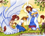 anthro bottomwear celtic_cross christianity clothing cross denim denim_bottomwear denim_clothing detailed_background feathered_wings feathers female flower group halo jeans kneeling male outside pants plant religion robe shirt standing submissive tail text topwear tree trio water what wings xianjaguar jesus_christ angel cherub deity felid lion mammal pantherine 2005 english_text signature