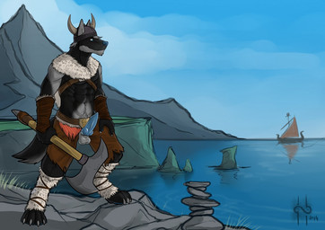 abs animal_genitalia animal_penis anthro armor axe balls battle_axe black_body black_fur blue_eyes blue_nose blue_penis blue_sky bottomwear brown_bottomwear brown_clothing brown_pants canine_genitalia canine_penis clothing erection fur genitals grey_balls grey_body grey_fur headgear helmet holding_axe holding_object knot male male_anthro mouth_closed muscular muscular_anthro muscular_male navel outside pants penis rock ship sky solo standing vehicle water watercraft hufnaar canid canine mammal