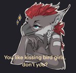 anthro beak big_ears black_background blue_eyes braided_hair breasts claws cleavage clothed clothing feathers female grey_beak grey_body grey_feathers hair hand_on_chin red_hair simple_background smile solo sparkles text gryph000 boy_kisser_(meme) avian bust_portrait hi_res meme portrait