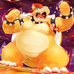 1:1 2020 angry anthro belly biped bowser detailed_background eyebrows fire hair hi_res horn humanoid_hands koopa lates male mario_bros nintendo open_mouth outside overweight overweight_anthro overweight_male red_hair scalie solo