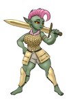 armor big_breasts breasts claws clothed clothing female green_body green_skin hair humanoid_pointy_ears melee_weapon not_furry pointy_ears solo sword thick_thighs weapon blackbetty goblin humanoid hi_res