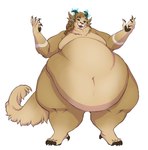 ambiguous_gender anthro belly big_belly brown_body brown_fur claws fur horn huge_belly morbidly_obese morbidly_obese_anthro neck_tuft nude obese obese_anthro overweight overweight_anthro pawpads simple_background smile solo standing tail tail_tuft tuft white_background ronnie92 guild_wars charr felid mammal 2020 hi_res female_(lore)