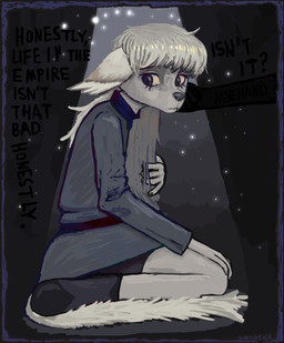 anthro black_hand clothing ears_down eyelashes fangs female footwear fur grey_eyes grey_hair grey_nose hair long_hair long_tail looking_away manicure military_uniform pivoted_ears shoes sitting six_sinnerpen solo tail teeth text uniform white_body white_fur sipoocha canid canine fox hybrid mammal true_fox unknown_species absurd_res hi_res