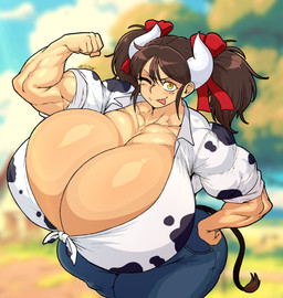 accessory barely_contained big_breasts blurred_background bottomwear breasts brown_hair bulging_breasts cleavage clothed clothing cow_print_shirt denim denim_bottomwear denim_clothing female flexing front-tie_shirt glistening glistening_body glistening_skin hair hair_accessory hair_ribbon horn huge_breasts hyper hyper_breasts jeans looking_at_viewer muscular muscular_female muscular_humanoid one_eye_closed outside pants plant red_ribbon ribbons shirt solo standing tail tail_tuft tongue tongue_out topwear tree tuft white_clothing white_horn white_shirt white_topwear wink yellow_eyes spintopple sukimi_(hataraki) animal_humanoid bovid bovid_humanoid bovine bovine_humanoid cattle_humanoid humanoid mammal mammal_humanoid absurd_res hi_res
