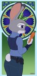 anthro blueberry_(fruit) carrot carrot_pen clothing female food fruit pen plant police police_uniform purple_eyes solo uniform vegetable tggeko disney zootopia judy_hopps lagomorph leporid mammal rabbit hi_res