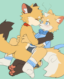 4_fingers anthro black_bottomwear black_clothing black_shorts blue_clothing blue_shirt blue_topwear blush bottomwear brown_tail_tip butt clothed clothing collar dipstick_tail duo eye_scar eyes_closed facial_scar fingers food fully_clothed fur grey_bottomwear grey_clothing grey_shorts hand_on_shoulder hands_on_waist head_tuft inner_ear_fluff looking_at_another male male/male markings multicolored_body multicolored_fur nude pawpads pink_pawpads pocky_game pocky_in_mouth red_collar scar shirt shorts simple_background tail tail_markings tan_body tan_fur topwear tuft white_body white_fur yellow_body yellow_fur yellow_legs yellow_tail young young_on_young nekowuwu pocky canid canine canis fox mammal red_fox true_fox wolf 2025 colored_sketch hi_res sketch