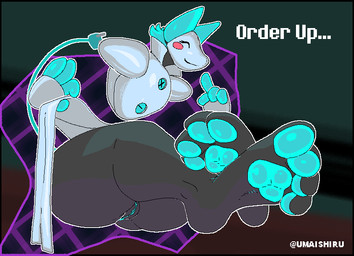 4_fingers 4_toes anthro barefoot blue_pawpads blue_vulva blush crossed_feet curling_toes feet female fingers foot_fetish foot_focus genitals hindpaw machine pawpads paws soles solo text toes vulva umaishiru deltarune undertale_(series) tasque_manager darkner robot english_text