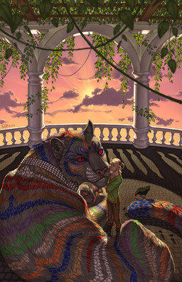 clothed clothing day detailed_background duo feral horn lying on_side outside red_eyes red_sclera sky standing sun katie_hofgard felid horned_humanoid humanoid mammal pantherine tiger 2012 digital_media_(artwork) hi_res